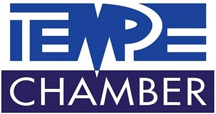 This image displays a logo with the words "TEMPE CHAMBER" in blue and white text, with the word "TEMPE" stylized.