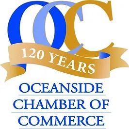 The image features a logo with "OC" and a ribbon reading "120 YEARS," and below it says "OCEANSIDE CHAMBER OF COMMERCE."