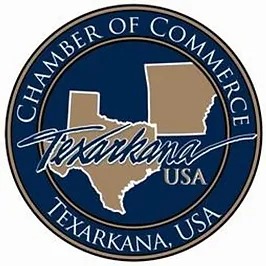 Logo of the Texarkana Chamber of Commerce, showing the outlines of Texas and Arkansas, with "Texarkana, USA" written in the center.