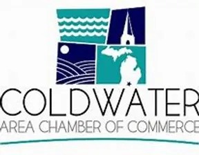 The image contains the logo of the Coldwater Area Chamber of Commerce with icons of waves, a church steeple, and a map, plus text.