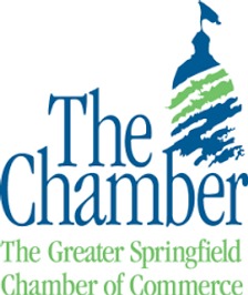 The image shows the logo for "The Greater Springfield Chamber of Commerce," featuring a stylized building with a flag and the text "The Chamber".