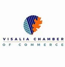 The image shows the logo for the Visalia Chamber of Commerce, featuring a stylized leaf and striped circular design.