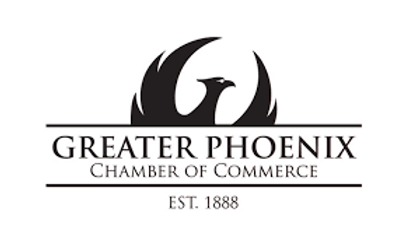 The image features the logo of the Greater Phoenix Chamber of Commerce, established in 1888, with a stylized phoenix in black.