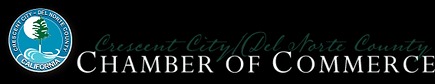 Logo of the Crescent City / Del Norte County Chamber of Commerce with a blue and green circular emblem on the left against a black background.