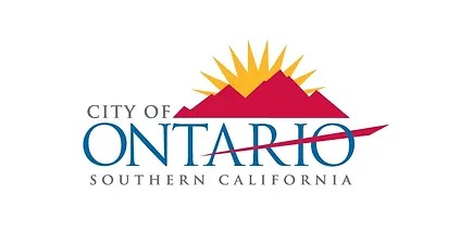 Logo of the City of Ontario, Southern California, featuring stylized mountains and a sun symbol in the background with text underneath.