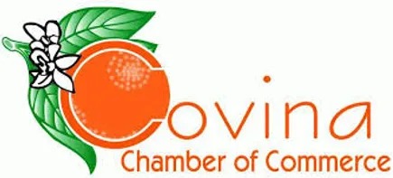 The image features the logo for "Covina Chamber of Commerce," displaying an orange and green leaf with a flower beside the text.