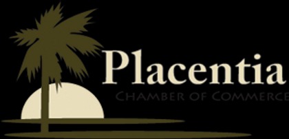 The image shows a logo with a palm tree silhouette and the words "Placentia Chamber of Commerce" on a black background.