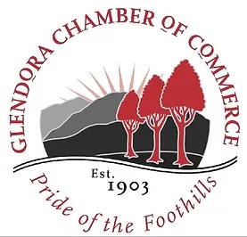 This image shows the logo of the Glendora Chamber of Commerce, featuring a mountain, trees, the sun, and text "Pride of the Foothills, Est. 1903."