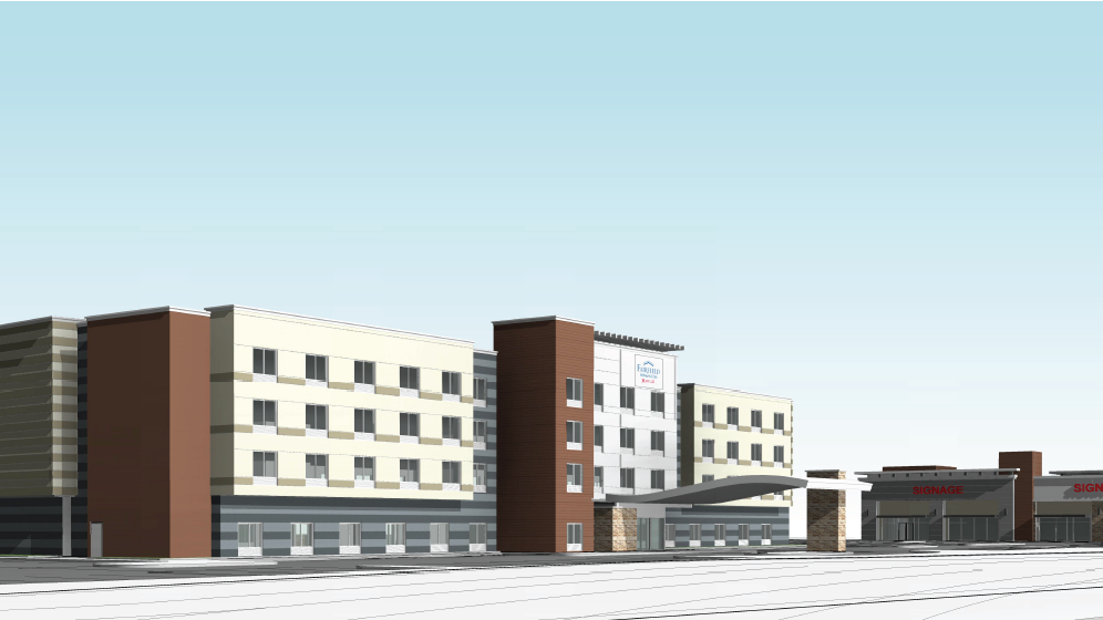 The image shows a digital rendering of a multi-story building with a parking area and adjacent structures, likely hotels or stores, under a clear sky.