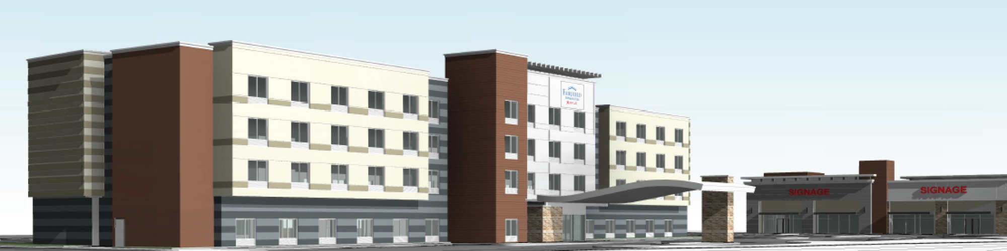 The image shows a digital rendering of a multi-story building with a parking area and adjacent structures, likely hotels or stores, under a clear sky.