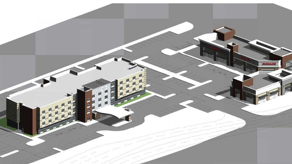 The image shows a 3D render of a building complex with a multi-story structure and a smaller adjacent building, surrounded by parking spaces.