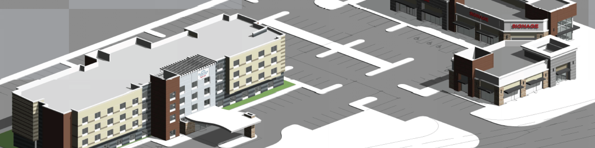 The image shows a 3D render of a building complex with a multi-story structure and a smaller adjacent building, surrounded by parking spaces.